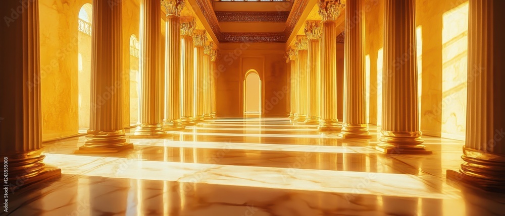 Obraz premium Majestic golden hall with tall columns and sunlit marble floor in tranquil atmosphere