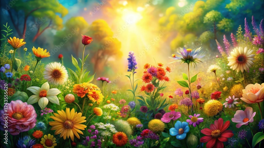 Colorful painting with vibrant flowers and greenery in a warm sunlight background, landscape, art, landscape,art, artwork Colorful painting with vibrant flowers and greenery in a warm sunlight background, landscape, art, landscape,art, artwork