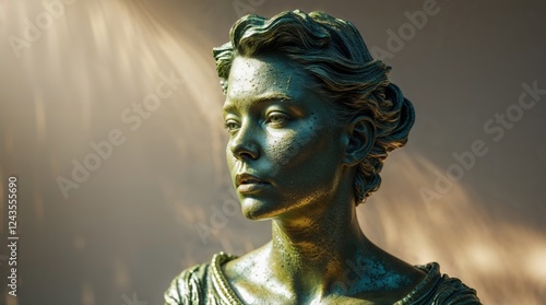 Bronze bust of a young woman, artfully lit, showcasing intricate details and a serene expression. The patina gives it a timeless quality.