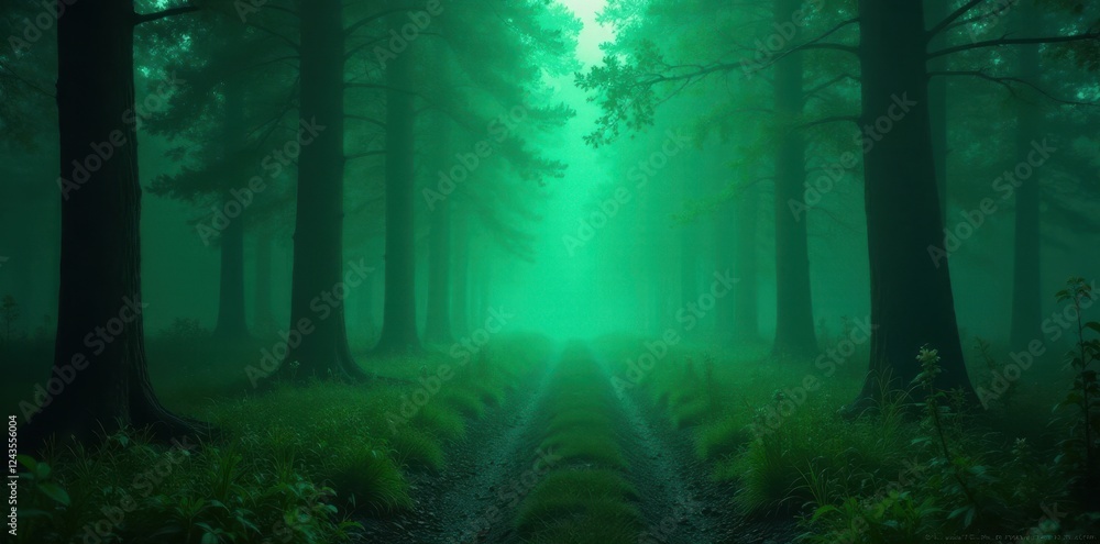 Fototapeta premium Glowing green mist shrouds forest path, night, whimsical, green, path
