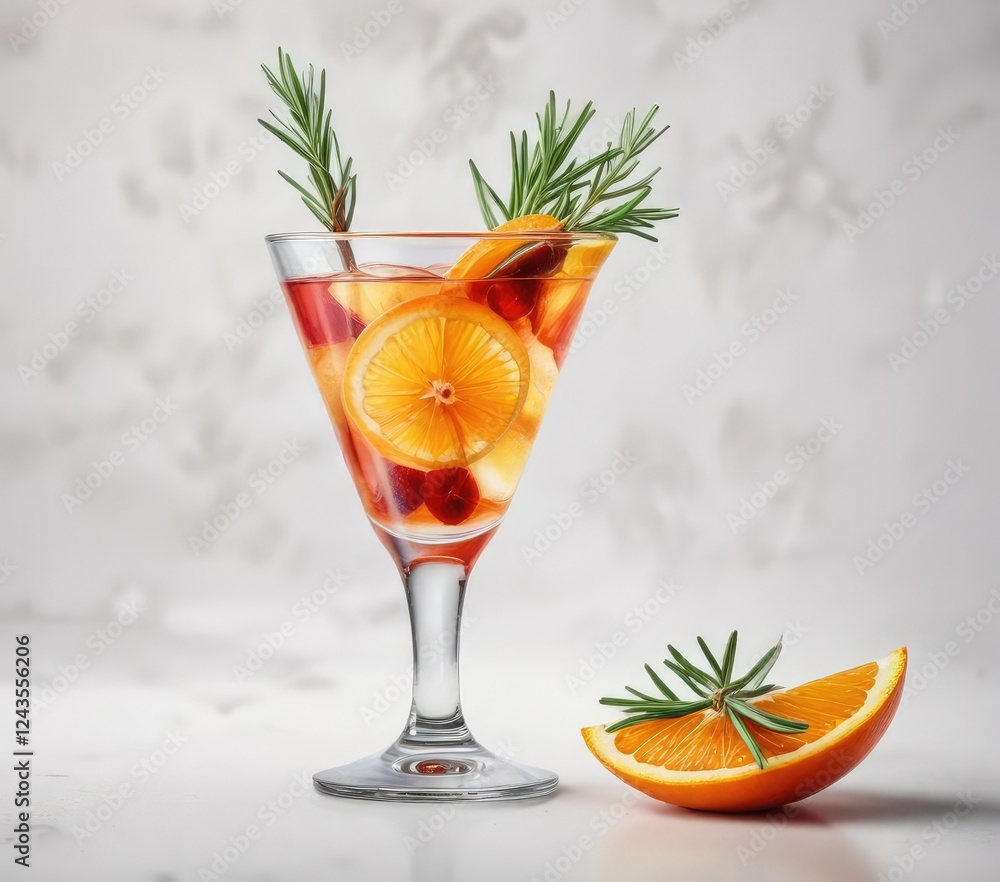 Fototapeta premium Watercolor drawing of a cocktail glass with red orange wedge and rosemary stick over a white background, unique concept, beverage art, thirst-quenching