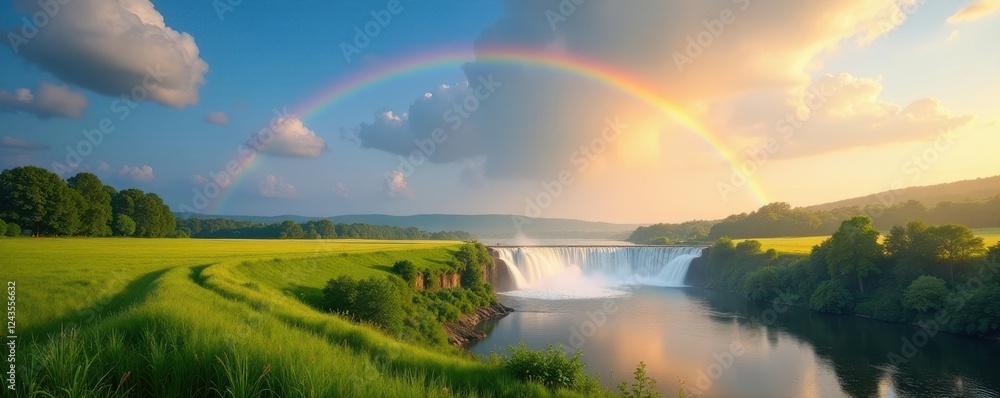 Obraz premium Rainbow's vibrant arc spans farm dam, sunlit fields , water, breathtaking
