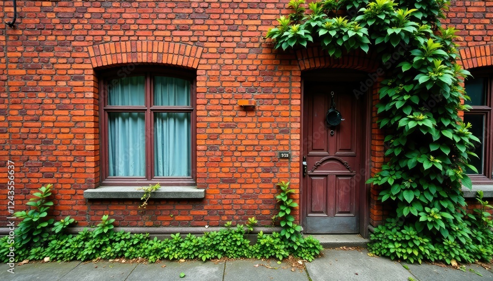 Weathered red brick facade with overgrown vegetation, red brick, weathered Weathered red brick facade with overgrown vegetation, red brick, weathered