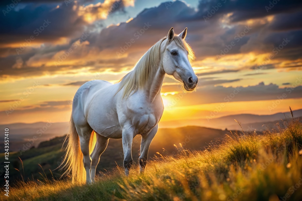 Majestic White Horse on Rolling Hilltop at Sunset - Bokeh Background Stock Photo