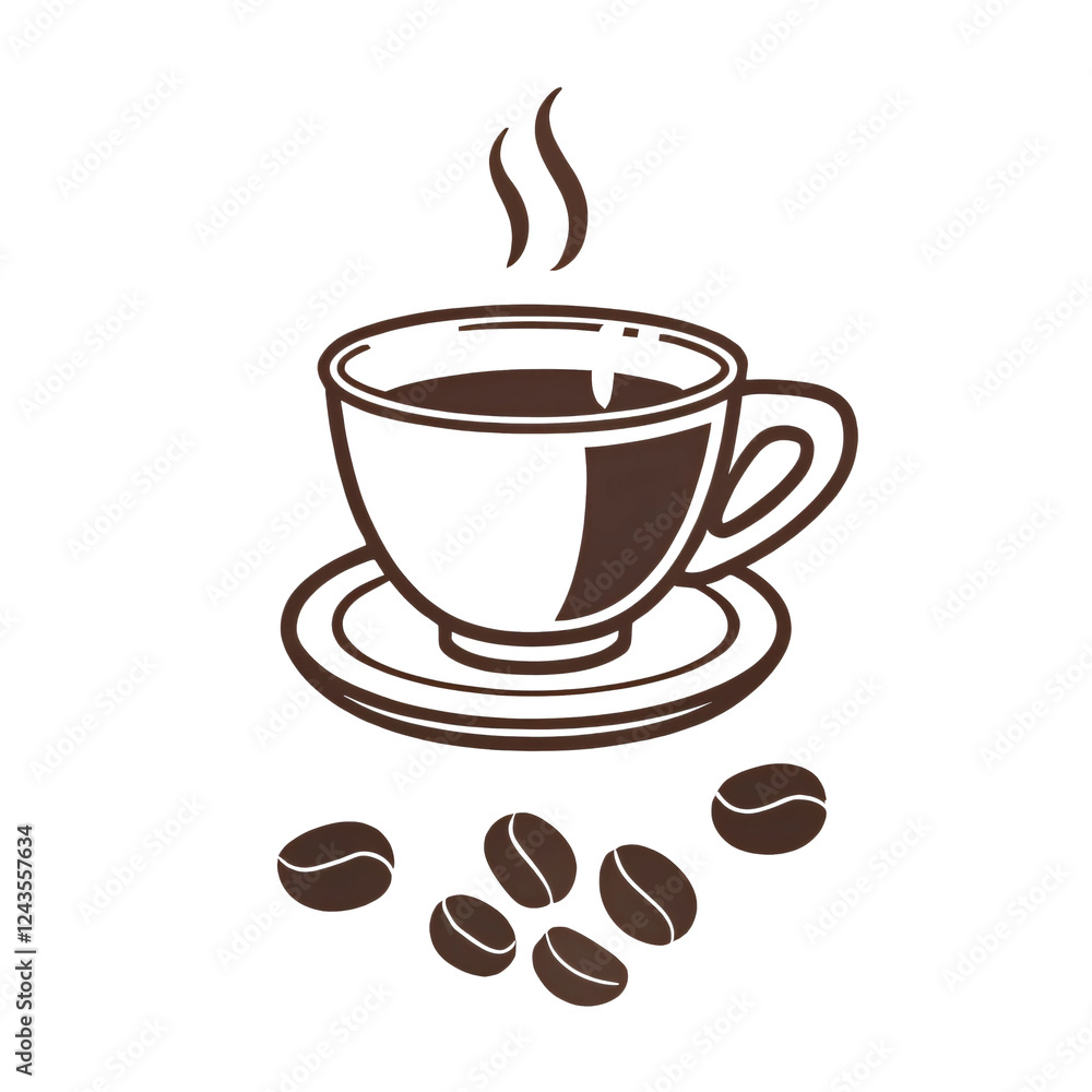 Obraz premium Illustration of a coffee cup with beans and steam, representing a hot beverage and morning coffee, featuring a brown design with elements like aroma, caffeine, and mocha