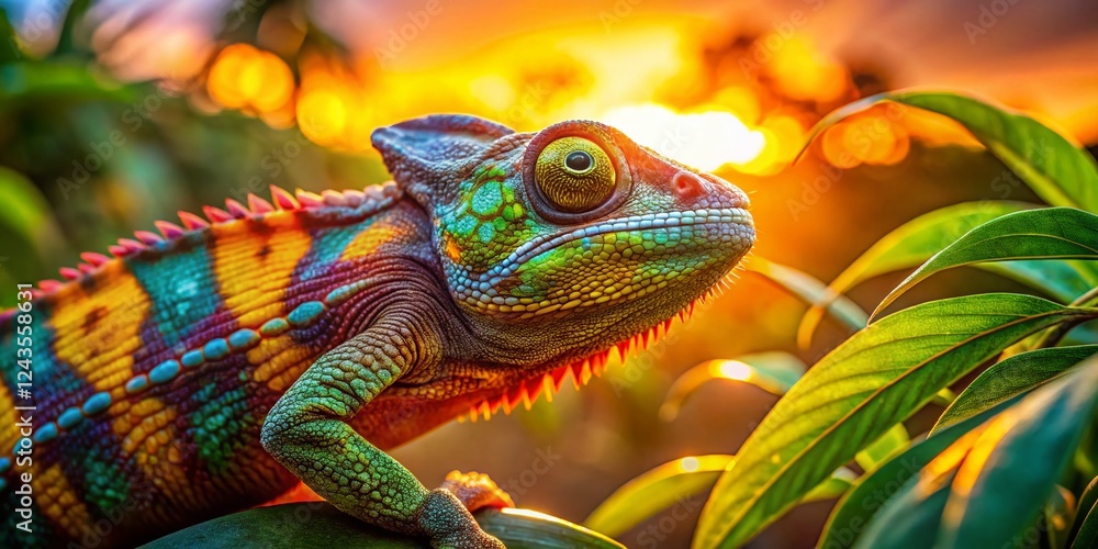 Fototapeta premium Mauritius Chameleon Sunbathing: Vibrant Reptile in Tropical Sunlight