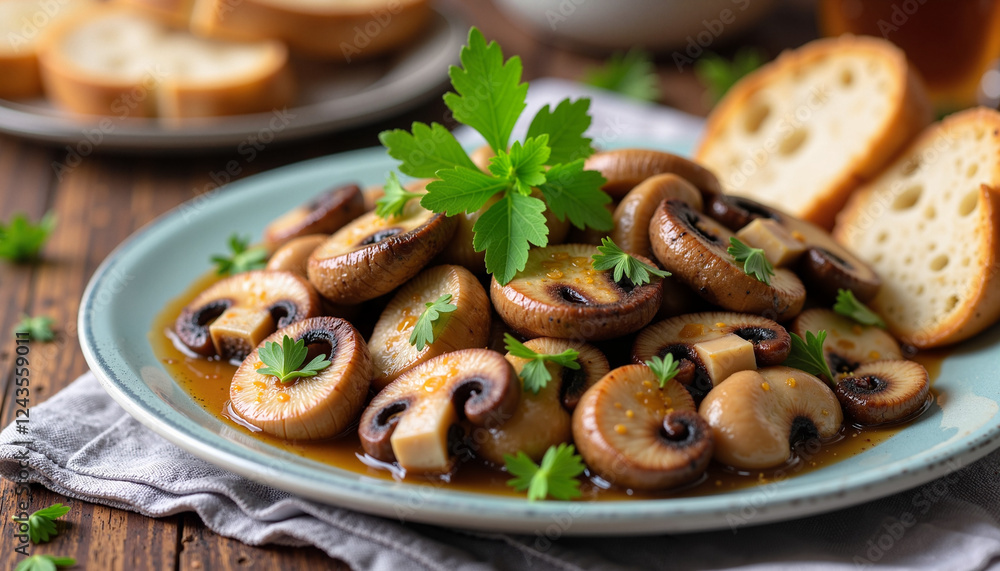 A dish of golden-brown sautéed chanterelle mushrooms, cooked with butter, garlic, and fresh parsley, served with crusty bread. A dish of golden-brown sautéed chanterelle mushrooms, cooked with butter, garlic, and fresh parsley, served with crusty bread.