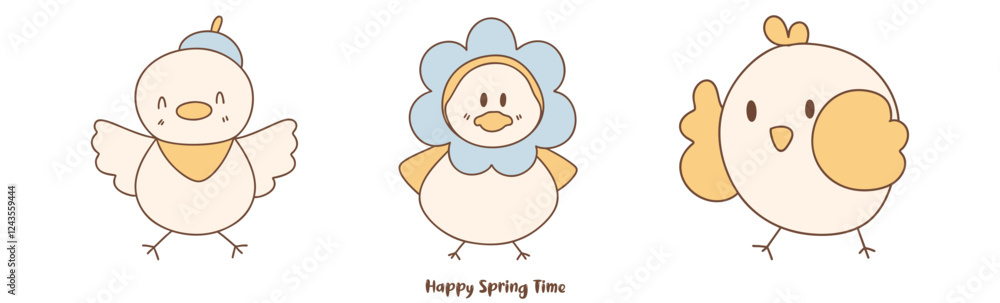 Happy spring time, Cute spring birds with cheerful expressions and pastel colors Happy spring time, Cute spring birds with cheerful expressions and pastel colors
