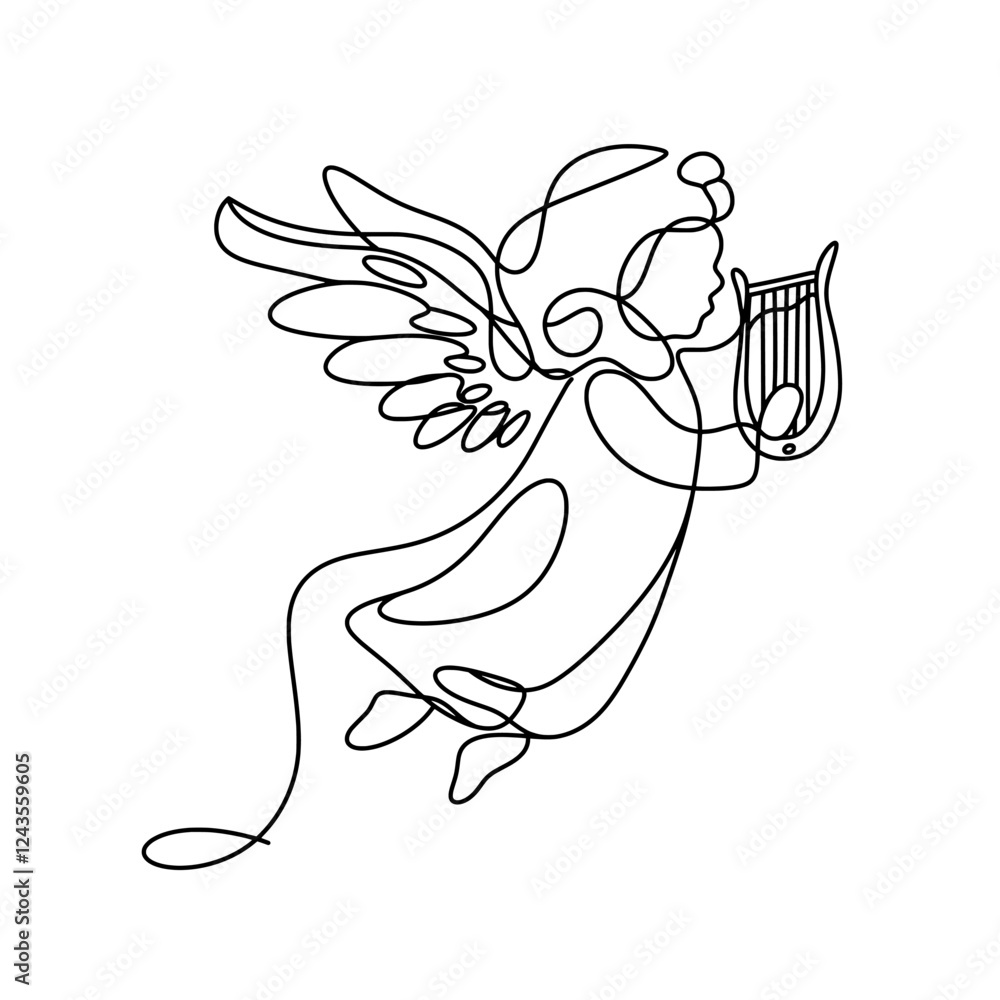 Fototapeta premium Black and white line art drawing of a flying angel playing the harp . Perfect for Valentine's Day design, wedding theme or romantic events. Vector illustration.