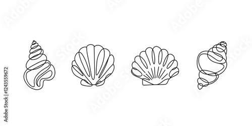 Continuous abstract one line drawing set of sea shells. Line art, vector illustration.