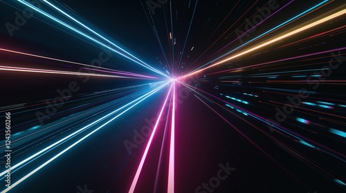 Vibrant night highway with light trails stretching towards the illuminated city skyline. The mesmerizing view of a busy thoroughfare at night, where the streaks of light from vehicles create a beautif