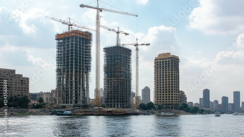 Construction of Modern High-Rise Buildings by Waterfront in Cityscape