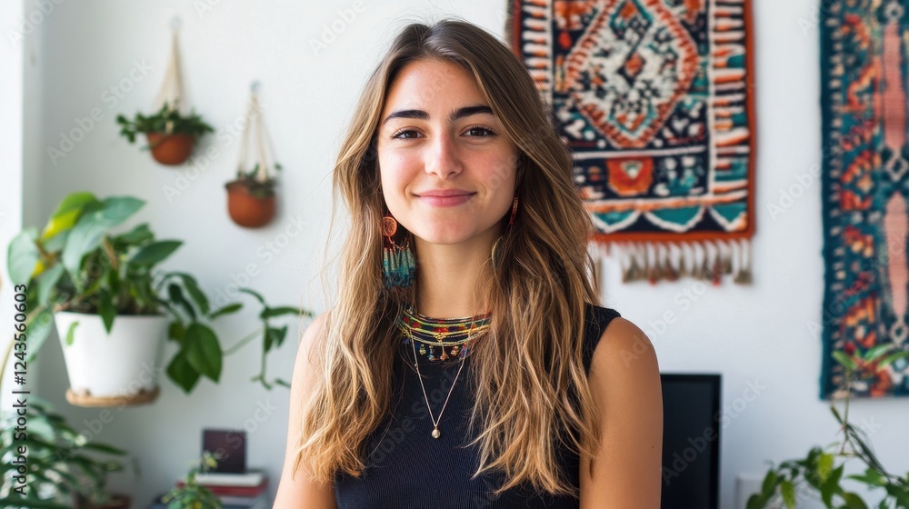 Bright workspace featuring a smiling woman with long hair surrounded by plants and colorful textiles during a sunny day Bright workspace featuring a smiling woman with long hair surrounded by plants and colorful textiles during a sunny day
