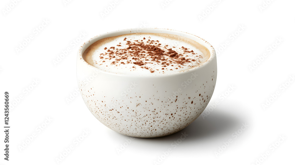 A frothy cappuccino with a dusting of cocoa powder on top, served in a white ceramic cup. A frothy cappuccino with a dusting of cocoa powder on top, served in a white ceramic cup.