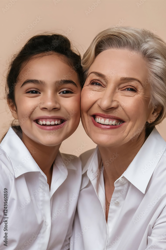 Two beautiful woman in white shirt hug face forward portrait. Studio headshot of toothy smiling grandmother and granddaughter, senior mother and daughter, elderly and young sister isolated over beige Two beautiful woman in white shirt hug face forward portrait. Studio headshot of toothy smiling grandmother and granddaughter, senior mother and daughter, elderly and young sister isolated over beige