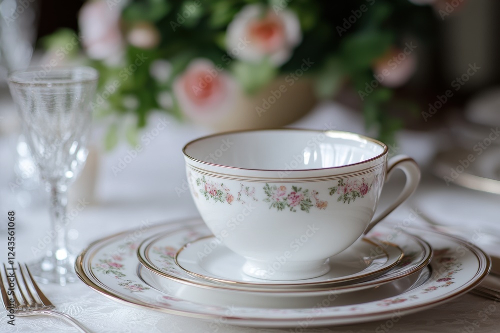 Fototapeta premium Elegant Vintage Tea Set with Floral Design on Table Setting