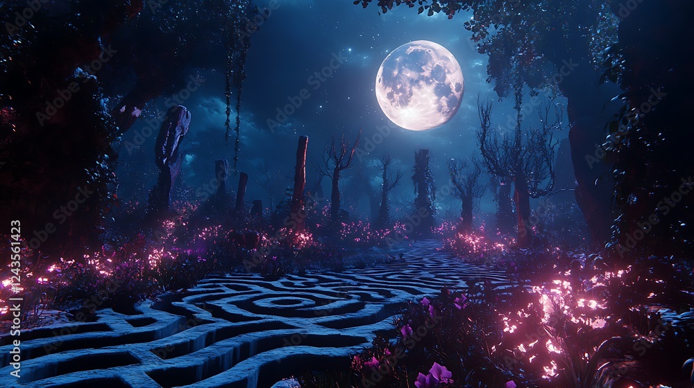 Obraz premium A holographic garden maze glowing under the light of a virtual moon