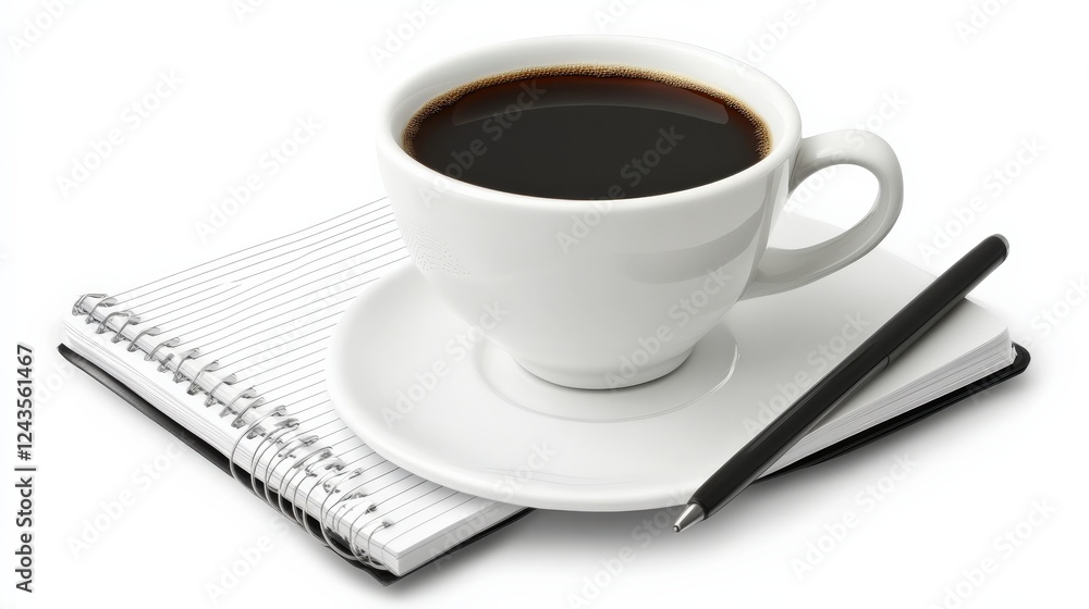 A steaming cup of black coffee on a white saucer beside a notepad and pen, ideal for productivity A steaming cup of black coffee on a white saucer beside a notepad and pen, ideal for productivity