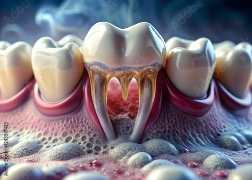 close up image showcases tooth with visible enamel and dentin layers, highlighting intricate details of dental anatomy. emotional expression of curiosity and fascination is evident in depiction photo