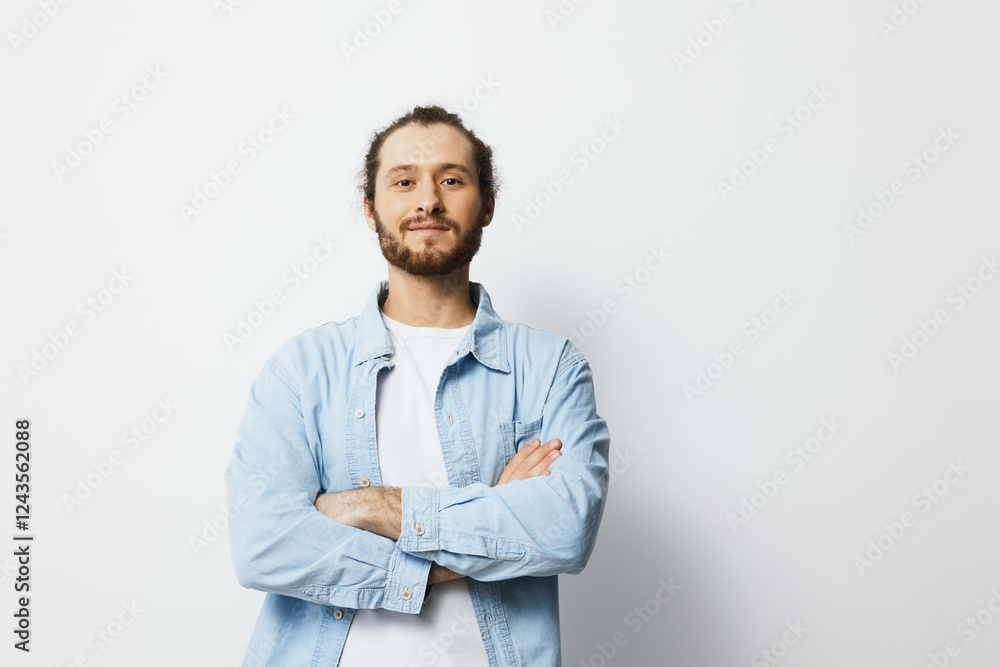 Young man with beard posing confidently, wearing casual denim shirt on a white background, showcasing positivity and self assurance Young man with beard posing confidently, wearing casual denim shirt on a white background, showcasing positivity and self assurance