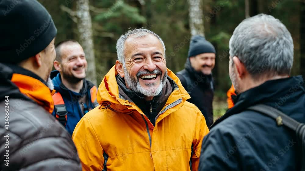 Group of smiling men in brightly colored jackets enjoys a winter outdoor gathering in a wooded area Group of smiling men in brightly colored jackets enjoys a winter outdoor gathering in a wooded area