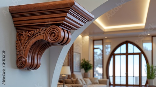 Intricate wooden corbel detail in a luxurious home interior, showcasing elegant craftsmanship and design. The warm wood tones contrast beautifully with the soft, neutral background.