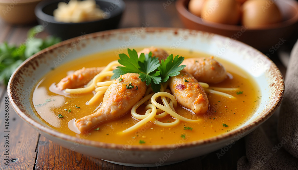 A comforting bowl of rosół with meatballs, thin noodles, and aromatic broth, served in a rustic ceramic bowl. A comforting bowl of rosół with meatballs, thin noodles, and aromatic broth, served in a rustic ceramic bowl.