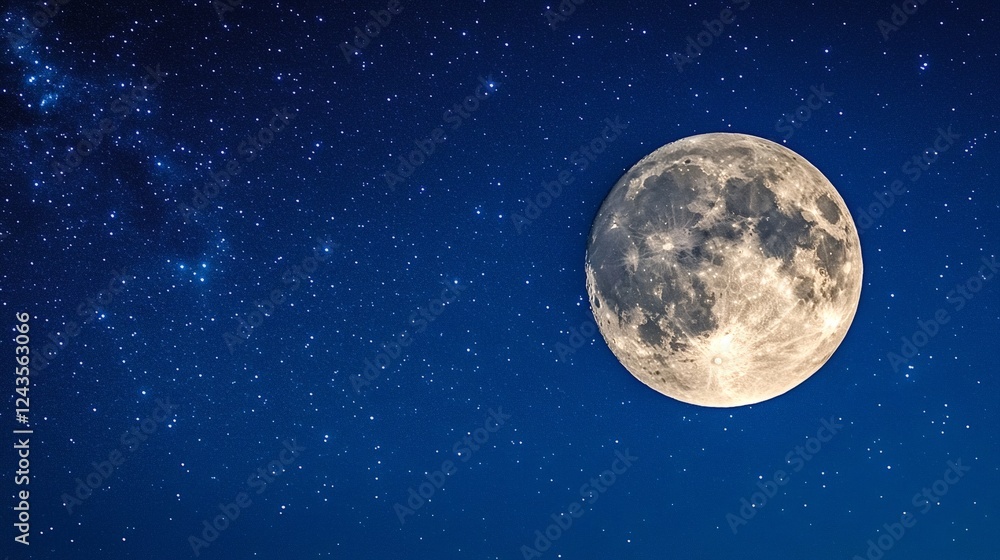 Fototapeta premium Majestic full moon glowing brightly in the dark blue night sky, surrounded by countless twinkling stars, creating a breathtaking and serene celestial scene