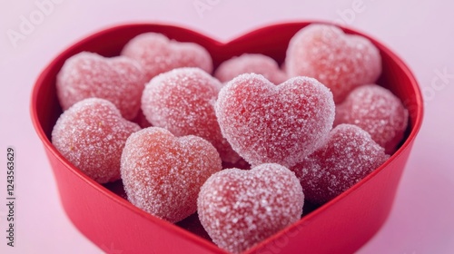 A Delightful Array of Heart-Shaped Peach Gummies, Sprinkled with a Delicate Sugar Coating, Nestled in a Vibrant Red Heart-Shaped Box, Accompanied by Fresh Strawberries, Alluringly Placed on a Soft Pin