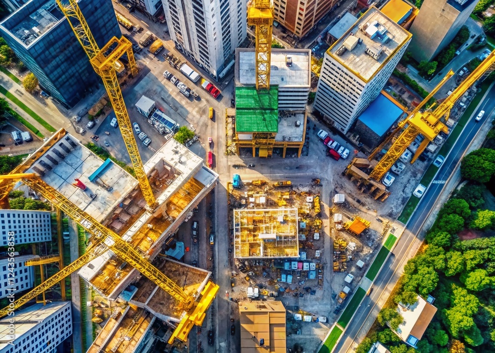 Minimalist Aerial View: Urban Construction Site with Cranes and Cityscape Minimalist Aerial View: Urban Construction Site with Cranes and Cityscape