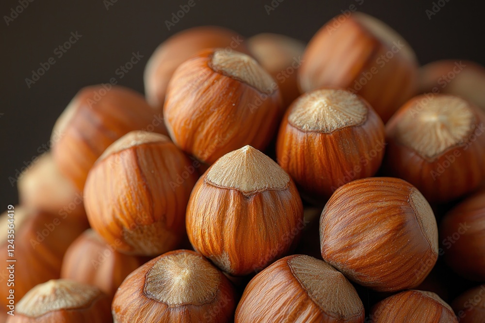 Close-up view of freshly harvested hazelnuts arranged in a pile, showcasing their natural texture and color against a dark background Close-up view of freshly harvested hazelnuts arranged in a pile, showcasing their natural texture and color against a dark background