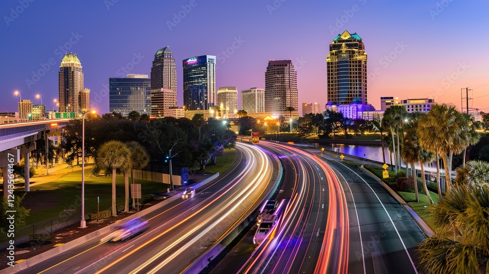 Vibrant night highway with light trails stretching towards the illuminated city skyline. The mesmerizing view of a busy thoroughfare at night, where the streaks of light from vehicles create a beautif Vibrant night highway with light trails stretching towards the illuminated city skyline. The mesmerizing view of a busy thoroughfare at night, where the streaks of light from vehicles create a beautif