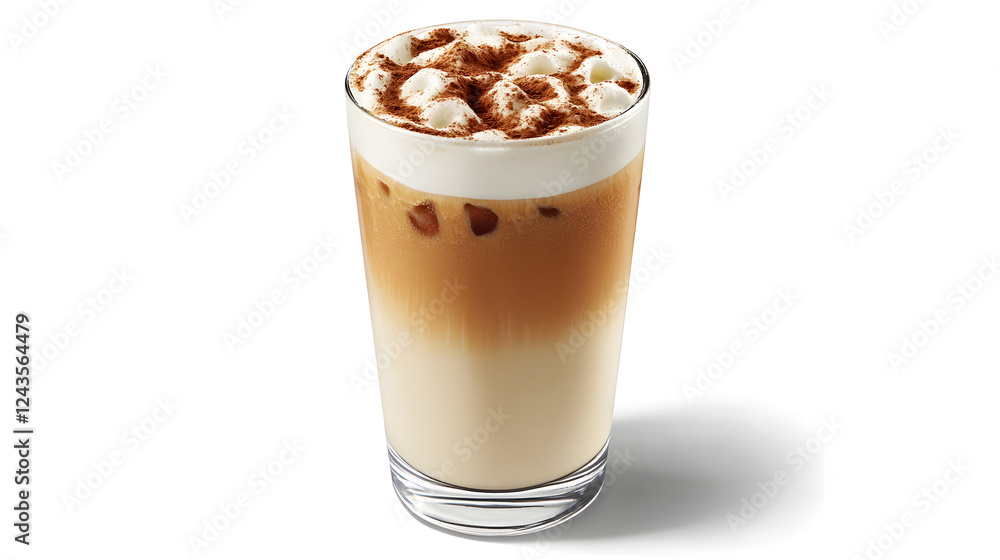 A glass of creamy iced latte with a layer of frothy milk and a dusting of cinnamon on top. A glass of creamy iced latte with a layer of frothy milk and a dusting of cinnamon on top.