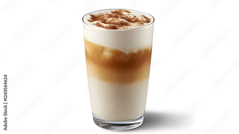 A glass of creamy iced latte with a layer of frothy milk and a dusting of cinnamon on top. A glass of creamy iced latte with a layer of frothy milk and a dusting of cinnamon on top.