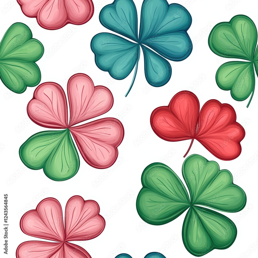 Obraz premium Colorful shamrock seamless pattern featuring green, pink, and red leaves