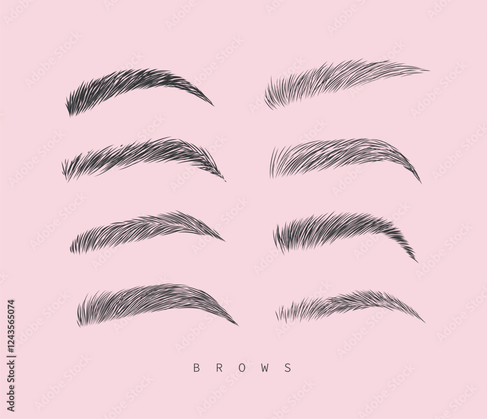 Eyebrows collection set in different shape form drawing with black on pink background
