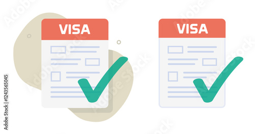 Visa application document form filled valid icon vector modern graphic illustration set, approved travel permission doc file passed verification check mark image clip art
