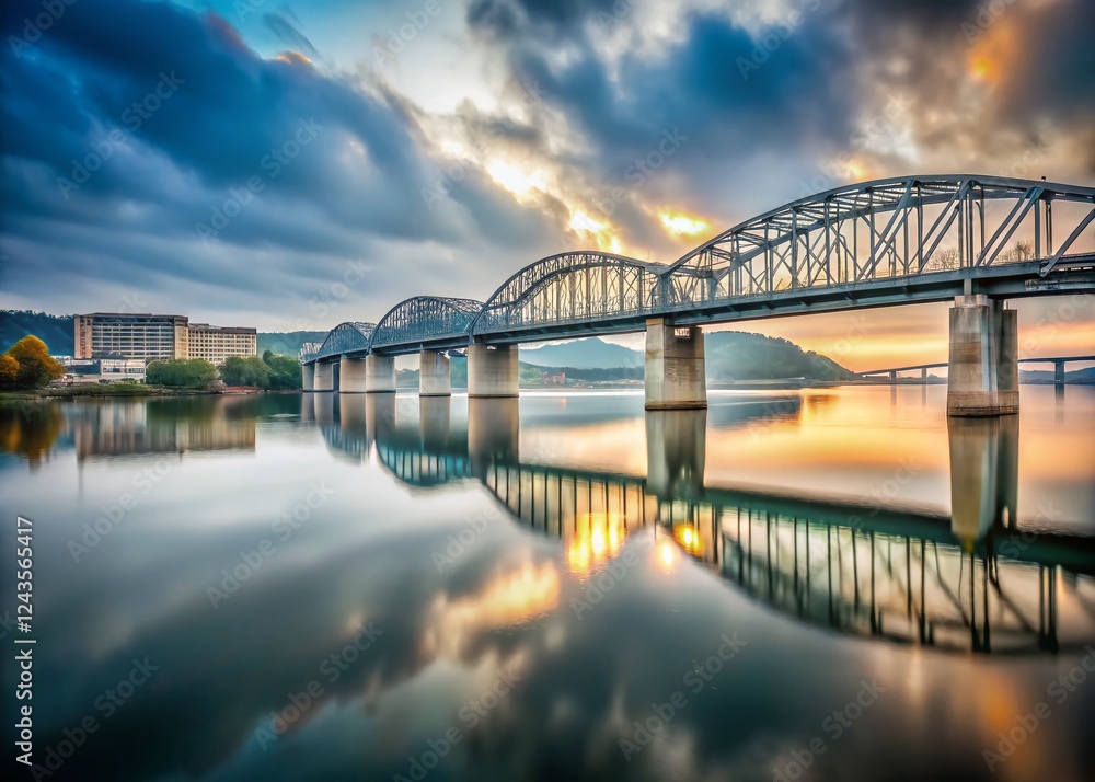 Minimalist Chattanooga Walnut Street Bridge Walkway, Scenic Tennessee River View Minimalist Chattanooga Walnut Street Bridge Walkway, Scenic Tennessee River View