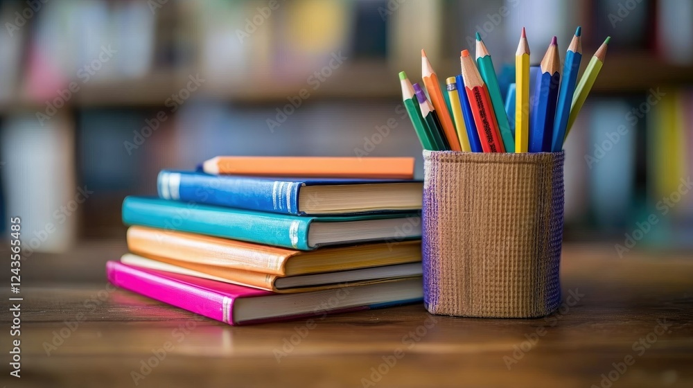 stack of books and pencil set, on wooden table stack of books and pencil set, on wooden table