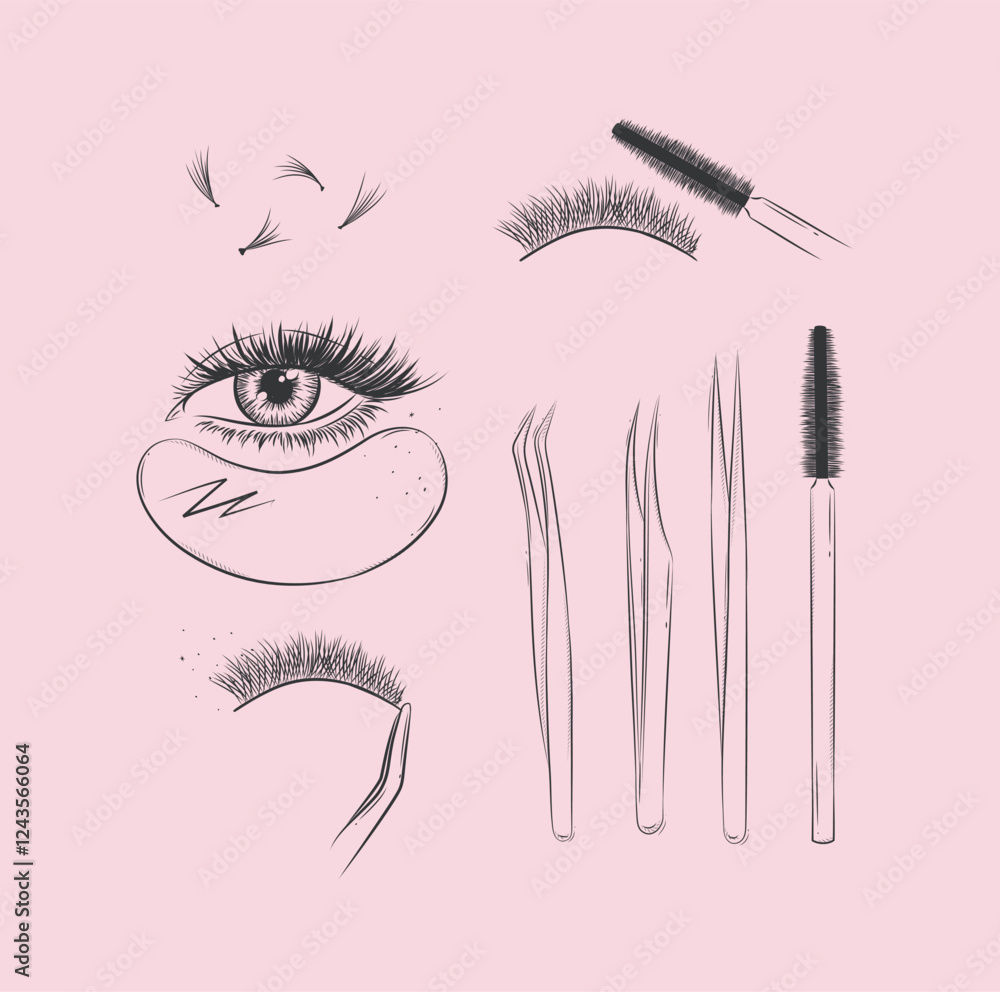 Lashes treatment studio tools collection drawing with black on pink background