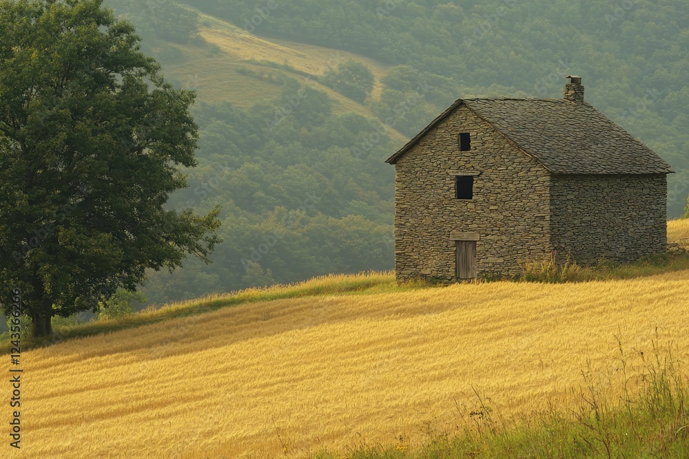 Stone House Surrounded by Golden Wheat Fields and Green Hills Stone House Surrounded by Golden Wheat Fields and Green Hills