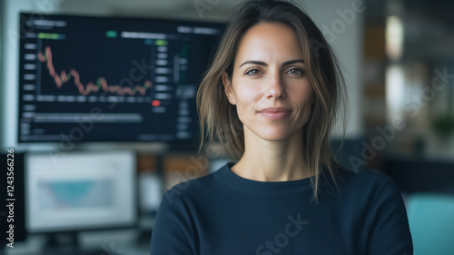 Free Download confident businesswoman looking at the camera in front of a monitor with a stock market chart in a modern office setting. She has a serious and focused expression, showing determination and success. - GFXLoad