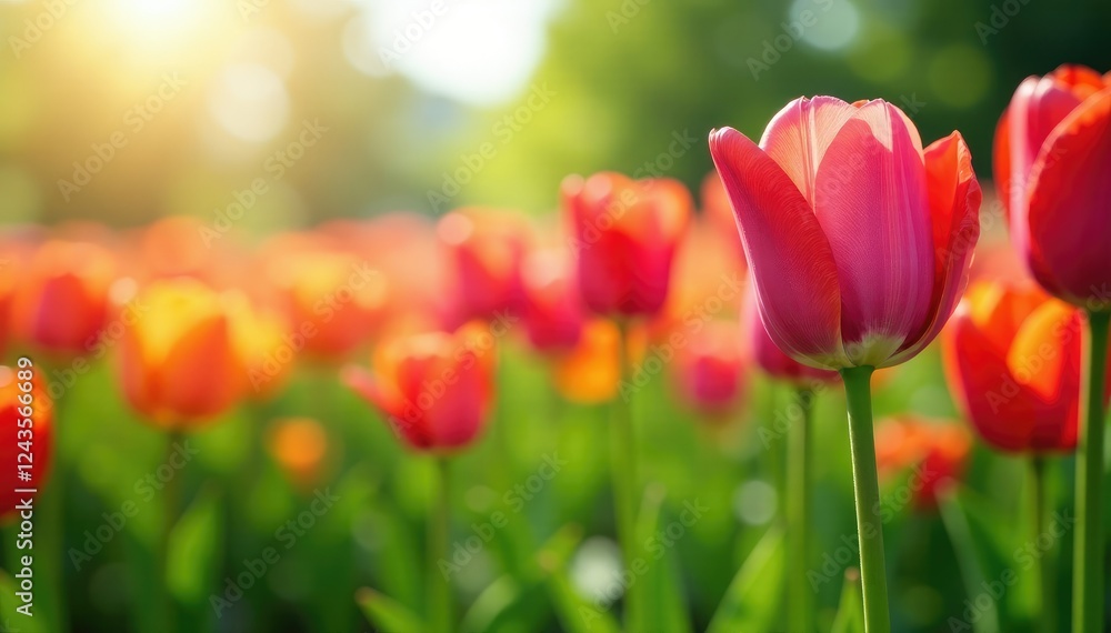Colorful tulip fields swaying gently in spring wind, green, spring Colorful tulip fields swaying gently in spring wind, green, spring