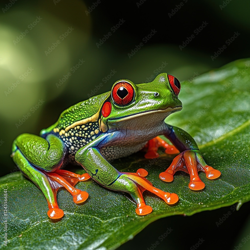 Vibrant red-eyed tree frog perched on a green leaf amidst lush foliage, showcasing its vivid colors in a tropical rainforest Vibrant red-eyed tree frog perched on a green leaf amidst lush foliage, showcasing its vivid colors in a tropical rainforest
