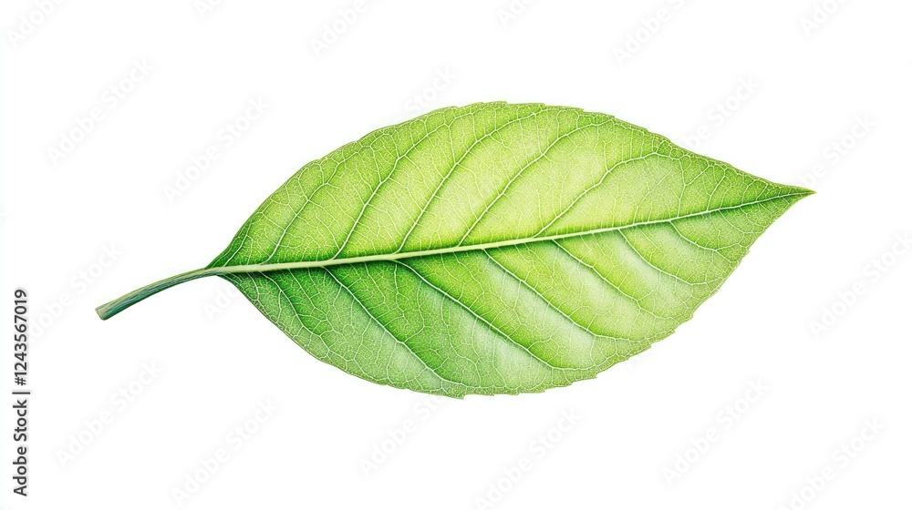 Obraz premium Close-up of a vibrant green leaf showcasing intricate vein patterns against a white background