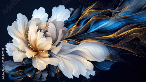 Abstract Blue Gold White Peony Flower Painting