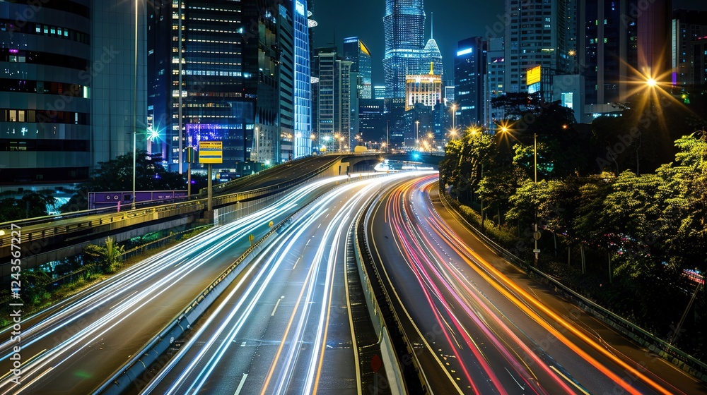 Naklejka premium Vibrant night highway with light trails stretching towards the illuminated city skyline. The mesmerizing view of a busy thoroughfare at night, where the streaks of light from vehicles create a beautif