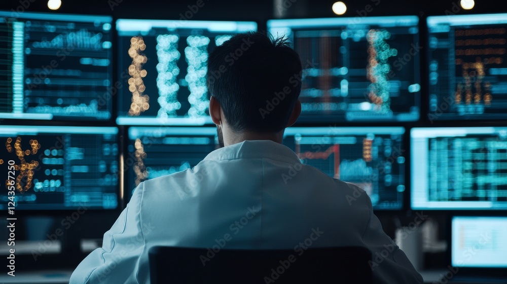 Medical research Concept. Person monitoring data on multiple screens Medical research Concept. Person monitoring data on multiple screens