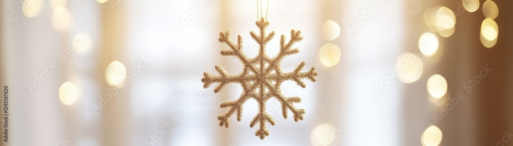 Golden snowflake ornament hanging on window festive winter decoration golden Golden snowflake ornament hanging on window festive winter decoration golden