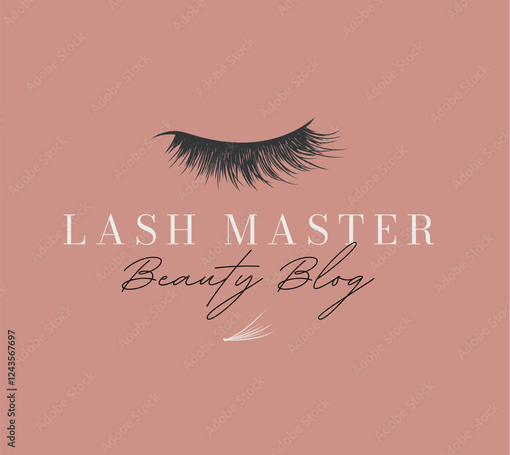 Eyelash master label design with lettering beauty blog drawing in art line style on beige background